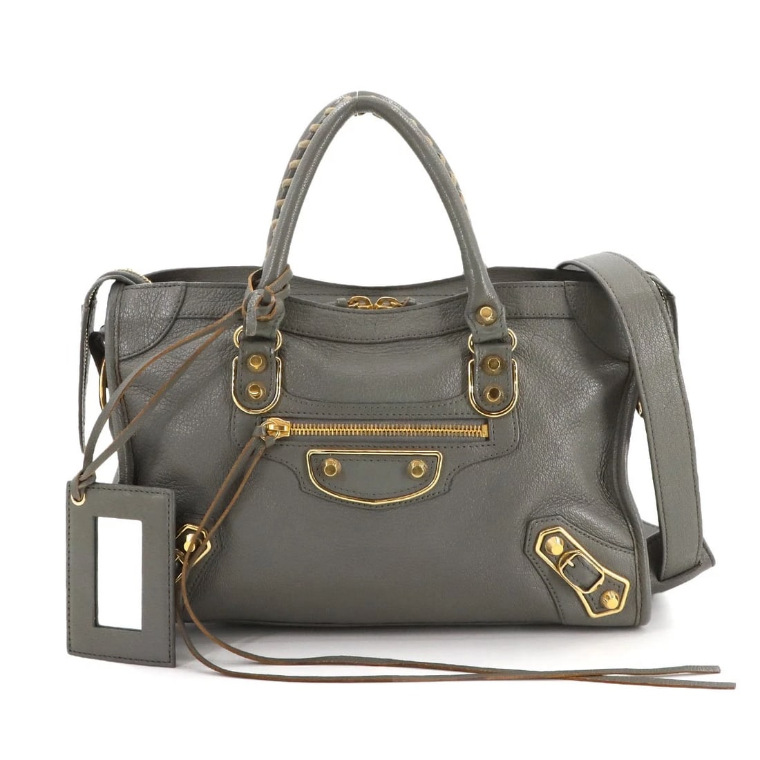 BALENCIAGA METALLIC EDGE CITY HAND SHOULDER BAG: BALENCIAGA Metallic Edge City Hand Shoulder Bag Brand: BALENCIAGA Type: Hand Bag / Shoulder Bag Material: Leather Color: Gray Size: W 11.81 inch, H 6.69 inch, D 3.94 inch Handle 11.4inch (29cm) A