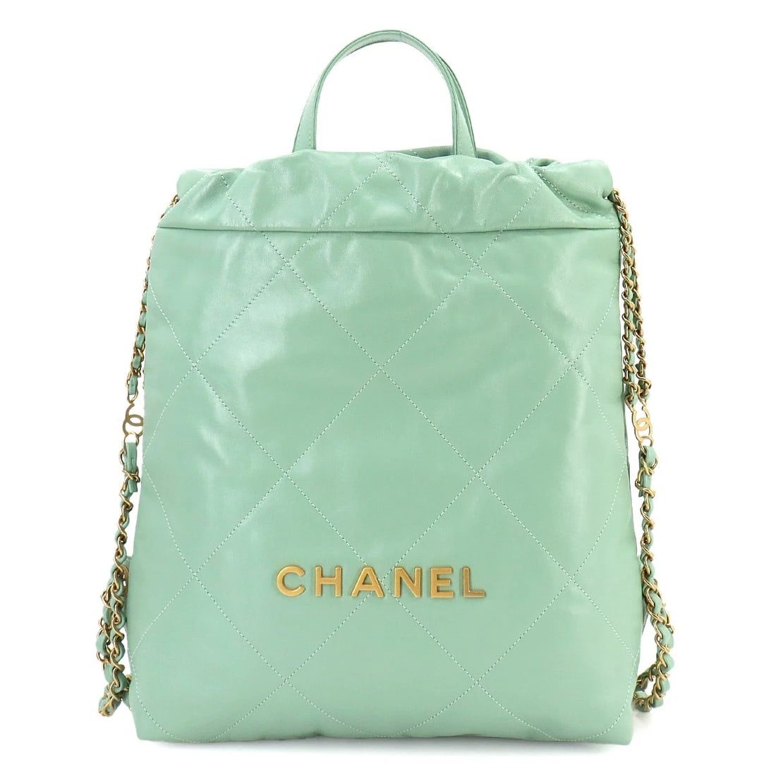 CHANEL 22 SMALL CHAIN BACKPACK LEATHER GREEN PURSE: CHANEL 22 Small Chain Backpack Leather Green Purse Brand: CHANEL Type: Backpack Material: Leather Color: Green Size: W 11.42 inch, H 13.39 inch, D 3.15 inch Handle 7.5inch (19cm) Accessories: Non