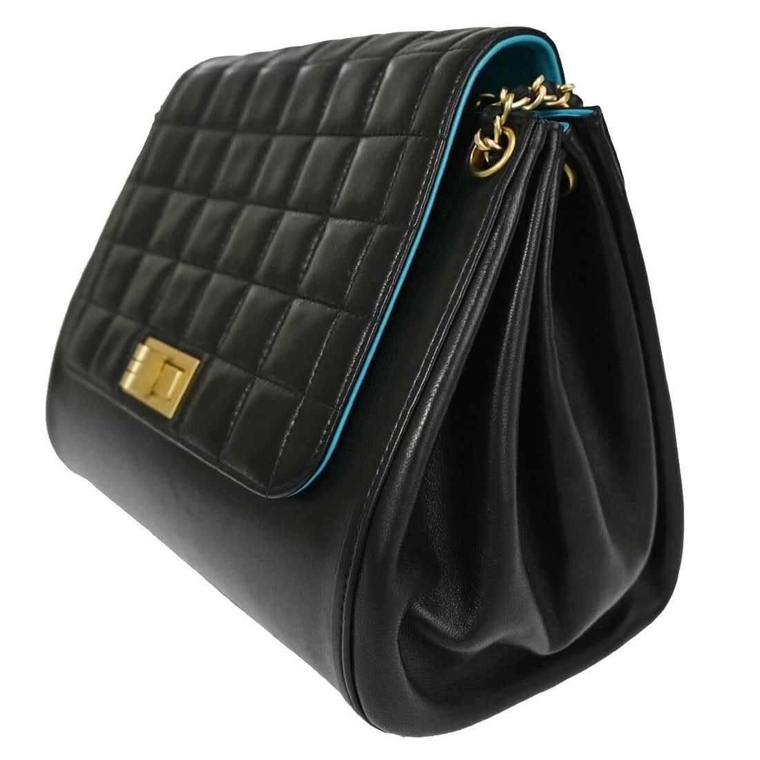 CHANEL CHOCOLATE BAR CHAIN SHOULDER BAG LEATHER BLACK BLUE (1 of 9)