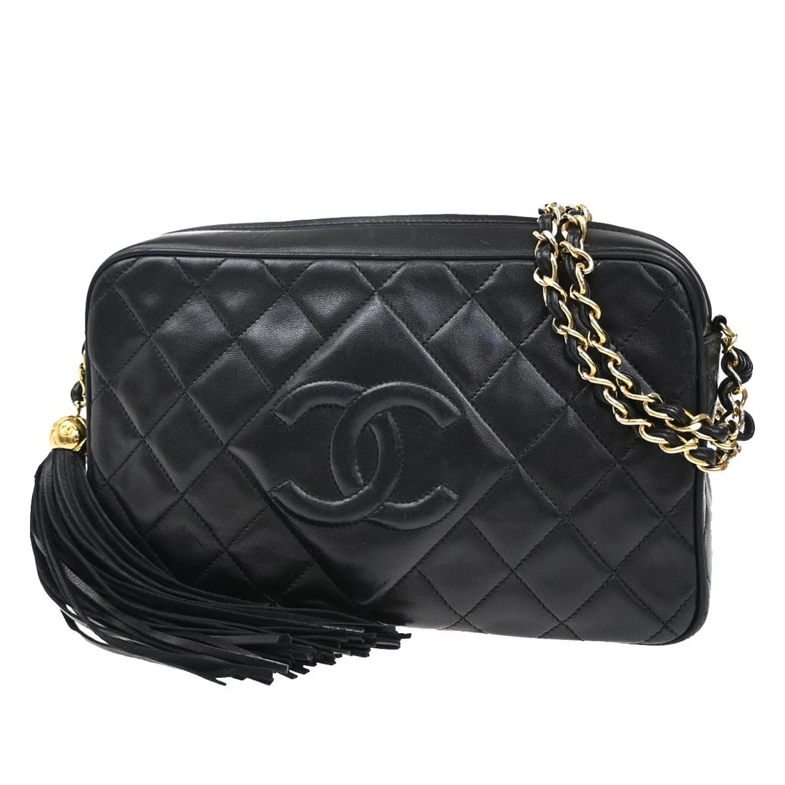 CHANEL CC LOGO MATELASSE TASSEL CHAIN SHOULDER BAG LEATHER BLACK (1 of 10)