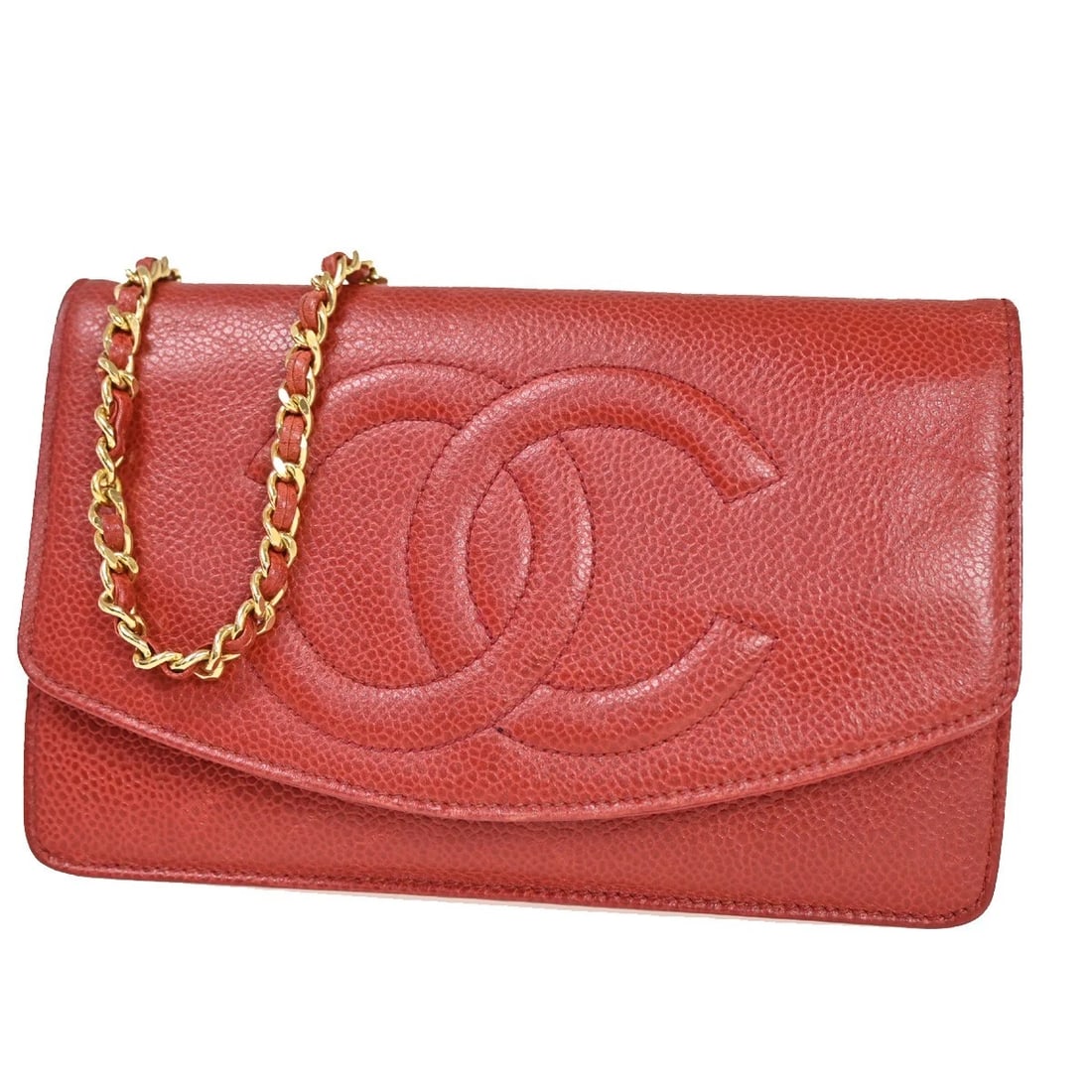CHANEL CC CHAIN SHOULDER BAG BIFOLD WALLET GRAINED CALFSKIN LEATHER RED (1 of 9)