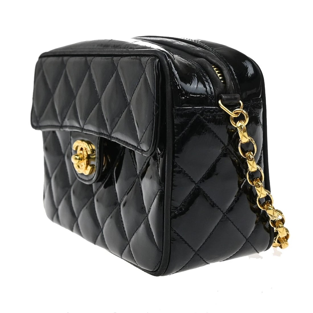 CHANEL CC MATELASSE MINI CHAIN SHOULDER BAG PATENT LEATHER: CHANEL CC Matelasse Mini Chain Shoulder Bag Patent Leather Brand: CHANEL Type: Shoulder Bag Material: Patent Leather Color: Black Size: W 7.1 x H 4.7 x D 3 " (approx.) SHOULDER DROP ( inch /cm ) 2