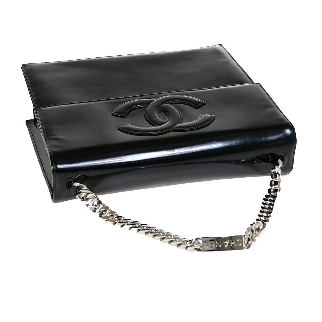 CHANEL CC LOGO CHAIN HAND BAG PATENT LEATHER BLACK (1 of 11)