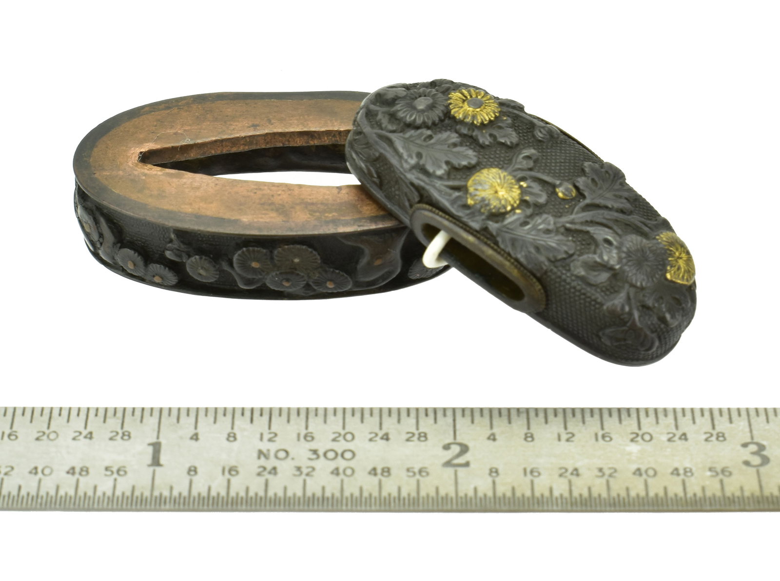 AUTHENTIC KINKO FUCHI KASHIRA: Authentic Kinko Fuchi Kashira Description: Authentic Kinko Fuchi Kashira. Size: Fuchi (left piece): Length (horizontal): ~4.0 cm Width (vertical): ~2.2 cm Height (depth): ~1.0 cm Kashira (right