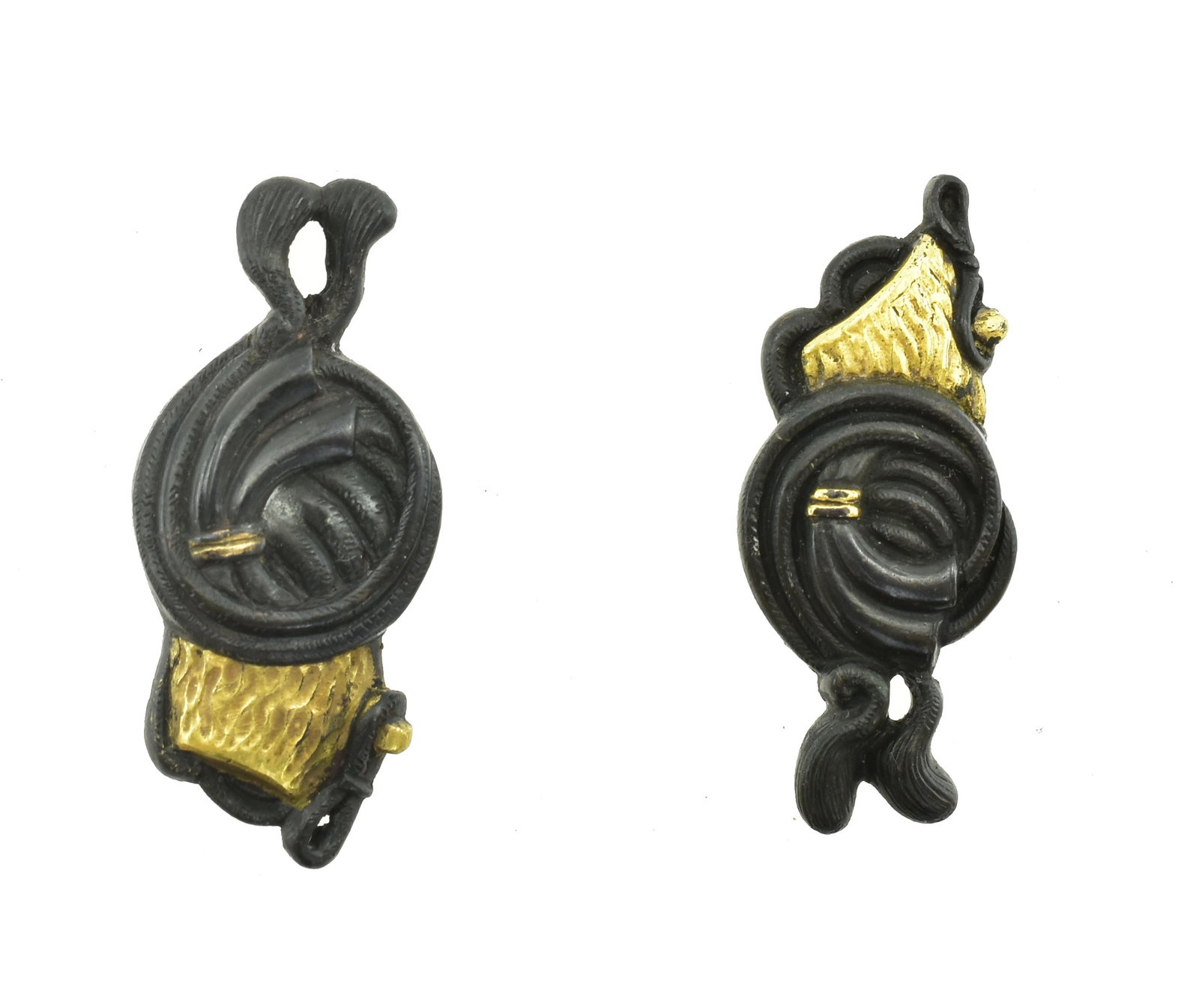 MENUKI WITH UNKNOWN MOTIF: Menuki with unknown Motif Description: Menuki with unknown Motif. Shakudo with gold highlights, unsigned and boxed. Size: None Accessories: None Accessories Notice: When purchasing pre-owned