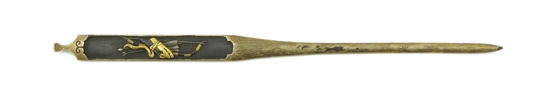 KINKO KOGAI: Kinko Kogai Description: Kinko Kogai. Archery motif on shakudo nanako ground. Silver gilt with some flaking. Missing some plated finish on the shaft. Main part has all its finish. Bow, arrows and