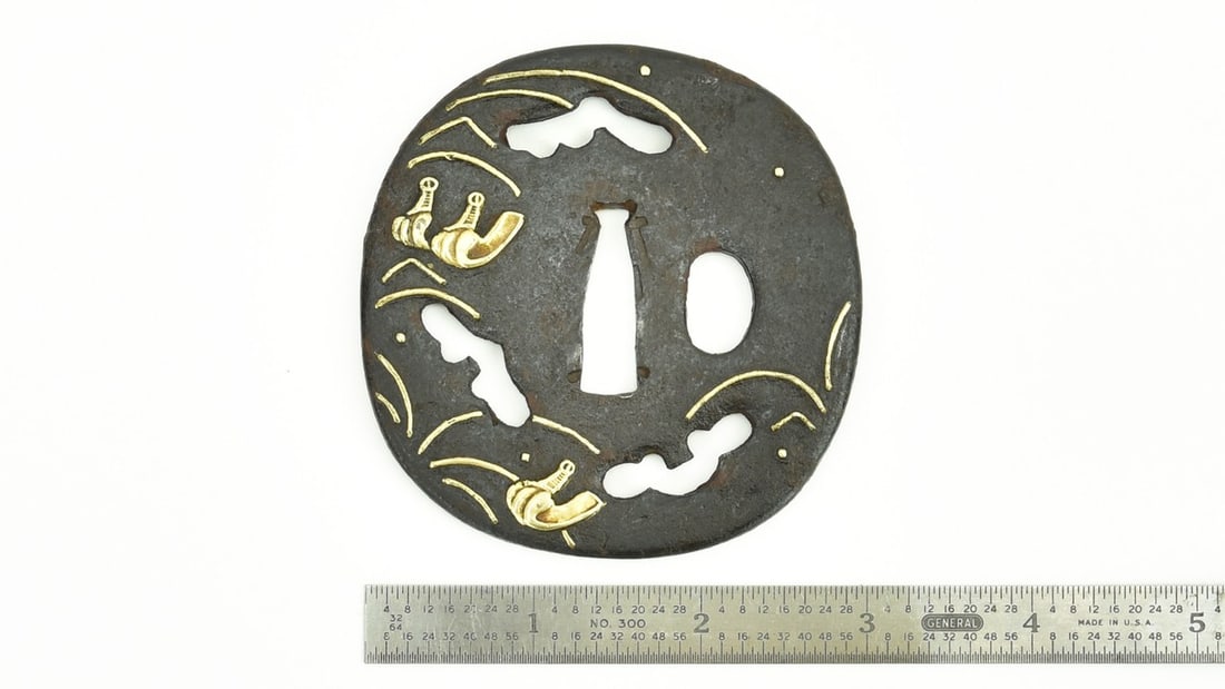 IRON TSUBA: Iron Tsuba Description: Iron Tsuba. Sukashi gold and silver. Stirrups. No signature. Katana sized. Size: Length 3 inches Accessories: None Accessories Notice: When purchasing pre-owned goods, please
