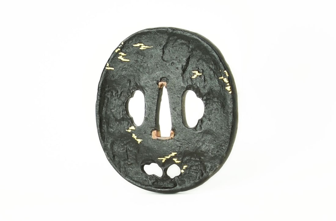 IRON TSUBA COUNTRY SCENE WITH MOUNTAIN FUJI AND VILLAGE SIGNED: Iron Tsuba Country Scene with Mountain Fuji and Village signed (MGJ57) Description: Iron Tsuba Country Scene with Mountain Fuji and Village signed. Diameter: 8.6 cm, 3 ¼”. Size: