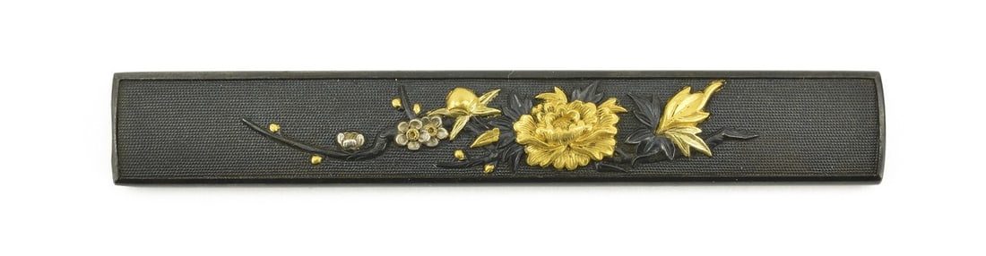 KINKO KODZUKA: Kinko Kodzuka Description: Kinko Kodzuka. Flowering peony and plum tree branch. Shakudo nanako base. Signed: Yanagawa Sei Tsura Yuki N.B.T.H.K. certificate. Esquisite workmanship and finest of