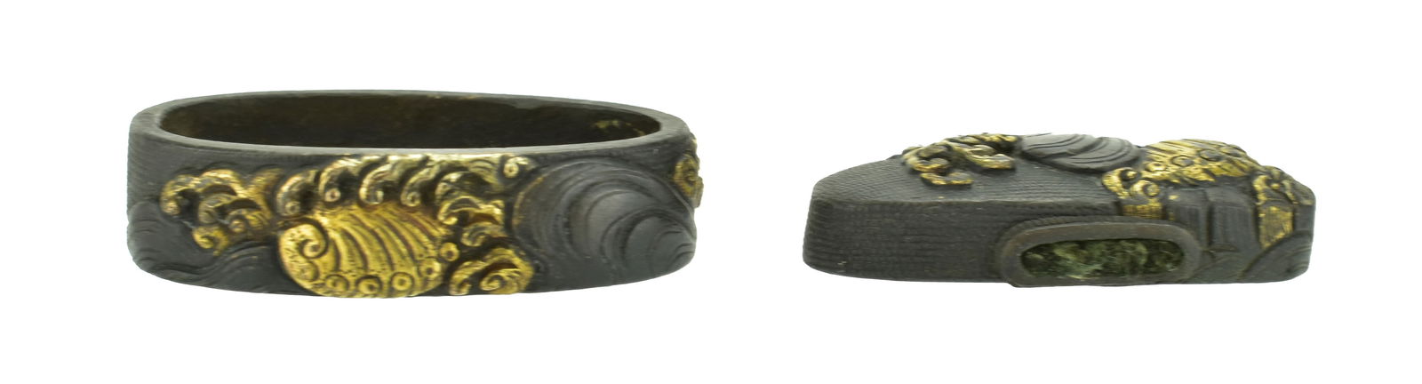 AUTHENTIC KINKO FUCHI KASHIRA: Authentic Kinko Fuchi Kashira Description: Authentic Kinko Fuchi Kashira. Size: Fuchi (left piece): Height (length): Approximately 3.8 cm Width: Approximately 2.0 cm Kashira (right piece): Height