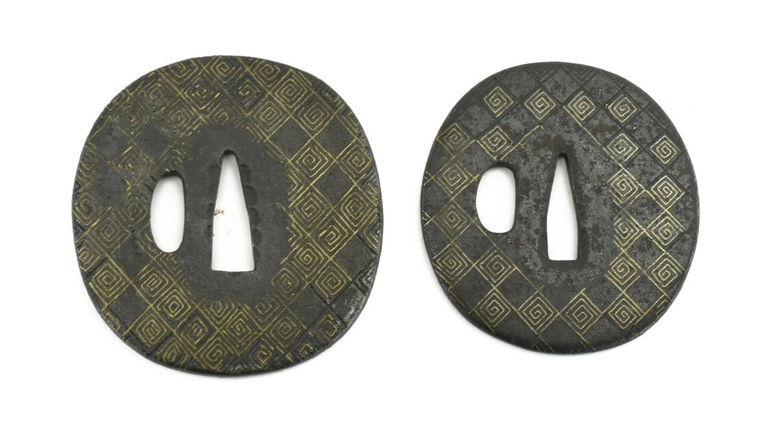 DAI-SHO TSUBA: Dai-Sho Tsuba Description: Dai-Sho Tsuba. Round with squares of brass. Dai vertical dimension is 3 1/16”. Sho is 2 ¾”. Early Edo period. Size: Dai vertical dimension is 3