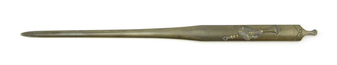 KINKO KOGAI: Kinko Kogai Description: Kinko Kogai. Polished shibuichi ground. Depicts fan and scepter in silver and gold. Signed with Kao Mune…..? Excellent condition. Size: None Accessories: None