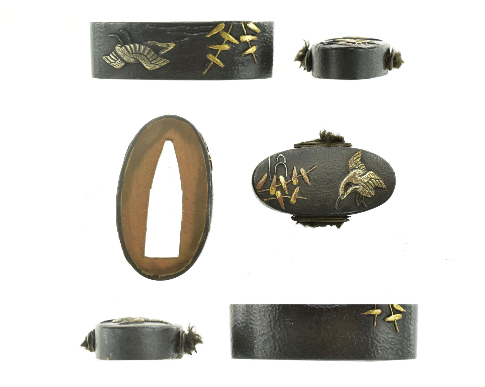 KINKO FUCHI KASHIRA: Kinko Fuchi Kashira Description: Kinko Fuchi Kashira. Ishime base. Silver birds with reeds, nice detail. Unsigned and boxed. Size: None Accessories: None Accessories Notice: When purchasing