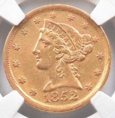 AU55 1852-D $5 LIBERTY HEAD GOLD HALF EAGLE: AU55 1852-D $5 Liberty Head Gold Half Eagle Grade : AU55 Composition : Gold Denomination : none Year : 1852 Country of Origin : none Mint Location : none Brand/Mint : none Accessories: None