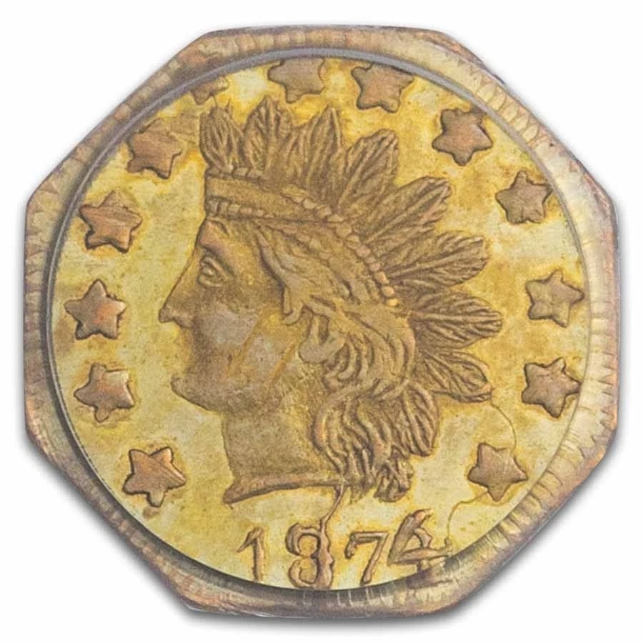 1874/3 INDIAN OCTAGONAL 50 CENT GOLD MS-62: 1874/3 Indian Octagonal 50 Cent Gold MS-62 Brand : US Mint Year : 1874 Denomination : 50 Cents Fineness : 0.9 Country of Origin/Country/Region of Manufacture : United States Coin : None 