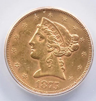 GENUINE 1875-S $5 LIBERTY HEAD GOLD HALF EAGLE: Genuine 1875-S $5 Liberty Head Gold Half Eagle Grade : Genuine Composition : Gold Denomination : none Year : 1875 Country of Origin : none Mint Location : none Brand/Mint : none 