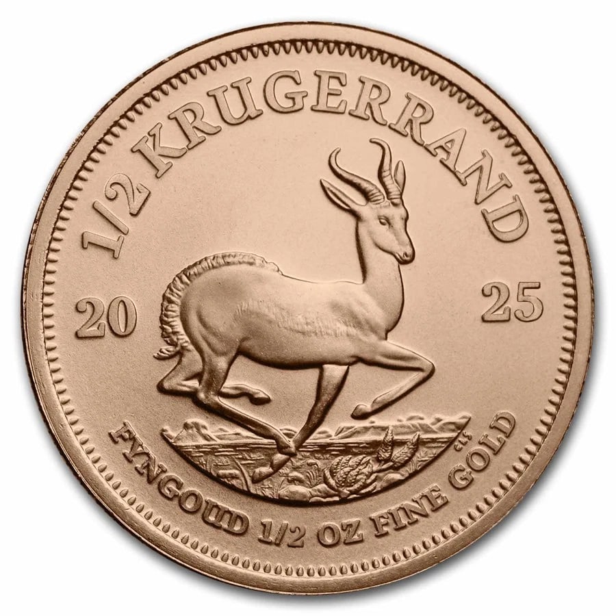 2025 SOUTH AFRICA 1/2 OZ GOLD KRUGERRAND BU: 2025 South Africa 1/2 oz Gold Krugerrand BU Brand : South African Mint Year : 2025 Denomination : N/A Fineness : 0.9167 Country of Origin/Country/Region of Manufacture : South Africa Coin :