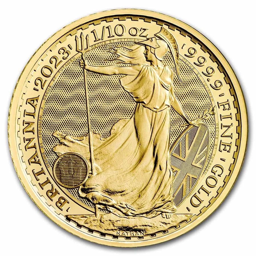 2023 GREAT BRITAIN 1/10 OZ GOLD BRITANNIA BU: 2023 Great Britain 1/10 oz Gold Britannia BU Brand : British Royal Mint Year : 2023 Denomination : 10 Pounds Fineness : 0.9999 Country of Origin/Country/Region of Manufacture : United Kingdom Coi