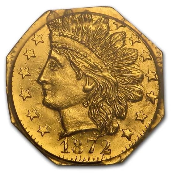 1872 INDIAN OCTAGONAL 25 CENT GOLD: 1872 Indian Octagonal 25 Cent Gold Brand : Not Specified Year : 1872 Denomination : $0.25 Fineness : None Country of Origin/Country/Region of Manufacture : United States Coin : None 