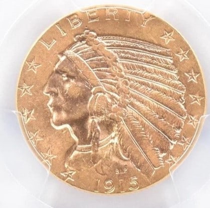 1915 $5 INDIAN HEAD GOLD HALF EAGLE: 1915 $5 Indian Head Gold Half Eagle Grade : AU58 Composition : Gold Denomination : $5 Year : 1915 Country of Origin : None Mint Location : None Brand/Mint : None Accessories: None
