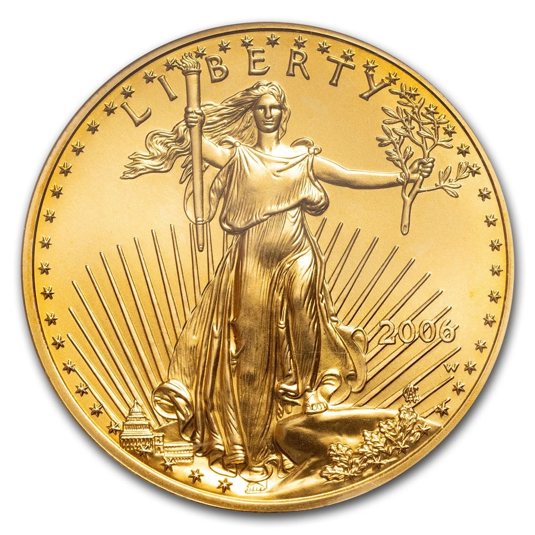 2006-W 1 OZ BURNISHED GOLD EAGLE: 2006-W 1 oz Burnished Gold Eagle Brand : US Mint Year : 2006 Denomination : $50 Fineness : 0.9167 Country of Origin/Country/Region of Manufacture : United States Coin : None Brand/Mint :