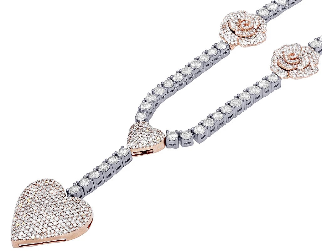 15 POINTER REAL DIAMOND ROSES N HEARTS LADIES NECKLACE: 15 Pointer Real Diamond Roses n Hearts Ladies Necklace Brand: None Type: Necklace Material: Metal Multi-Tone Gold Main Stone Natural Color: Multi-Tone Size: Width 3.5 mm, 1" Heart, 17mm RosemmChai