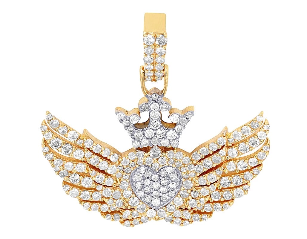 CROWNED HEART WITH WINGS REAL DIAMOND PENDANT 10K: Crowned Heart with Wings Real Diamond Pendant 10K Brand: None Type: Pendant Material: Metal Yellow Gold Main Stone Natural Color: Multi-Tone Size: Dimension L/W 1.1" Accessories: None Acce