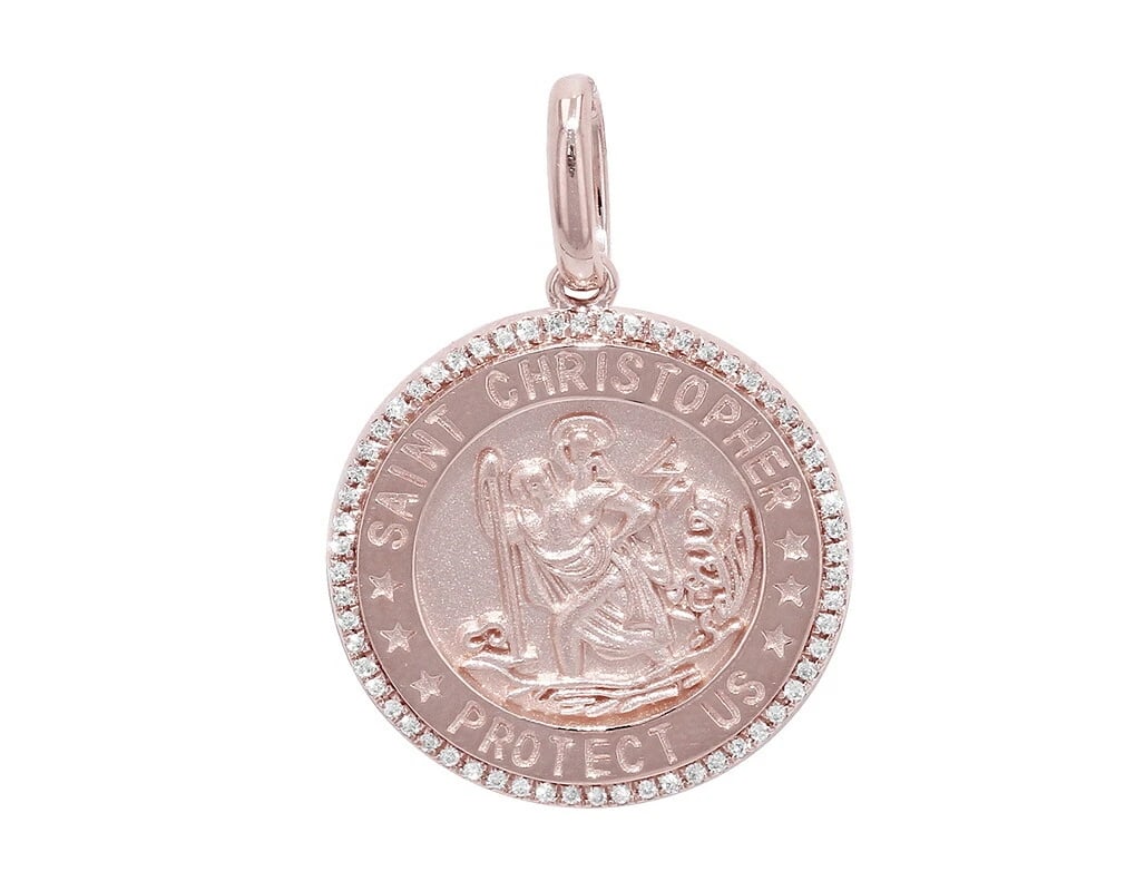 MEN'S MEDALLION CHRISTOPHER REAL DIAMOND PENDANT: Men's Medallion Christopher Real Diamond Pendant Brand: None Type: Pendant Material: Metal Rose Gold Main Stone Natural Color: None Size: Dimension 1.2" Accessories: None Accessories Notic