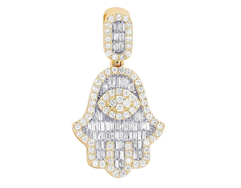 BAGUETTE DIAMOND EVIL EYE HAMSA PENDANT: Baguette Diamond Evil Eye Hamsa Pendant Brand: None Type: Pendant Material: Metal Yellow Gold Main Stone Natural Color: Yellow Gold Size: Dimension L 1.3" W 0.75" Accessories: None Accesso