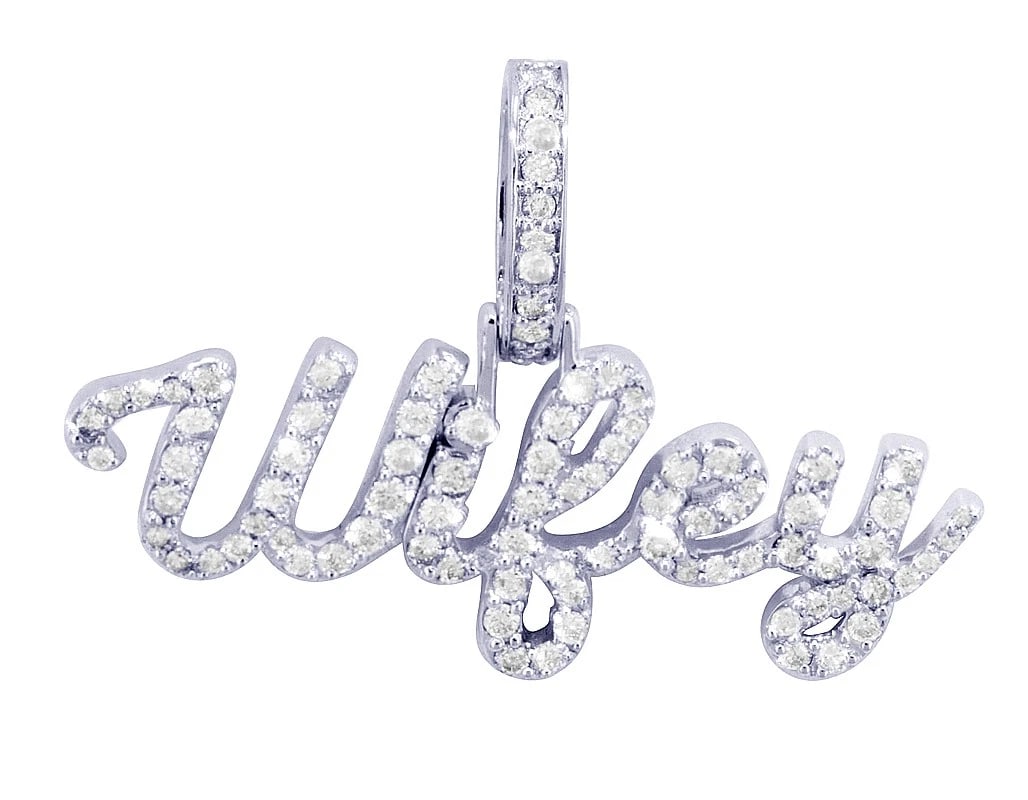 WIFEY REAL DIAMOND PENDANT 10K WHITE GOLD: Wifey Real Diamond Pendant 10K White Gold Brand: None Type: Necklace Material: Metal White Gold Main Stone Natural Color: White Gold Size: Dimension L 1.3" W 1.2" H 2.3mm Accessories: None
