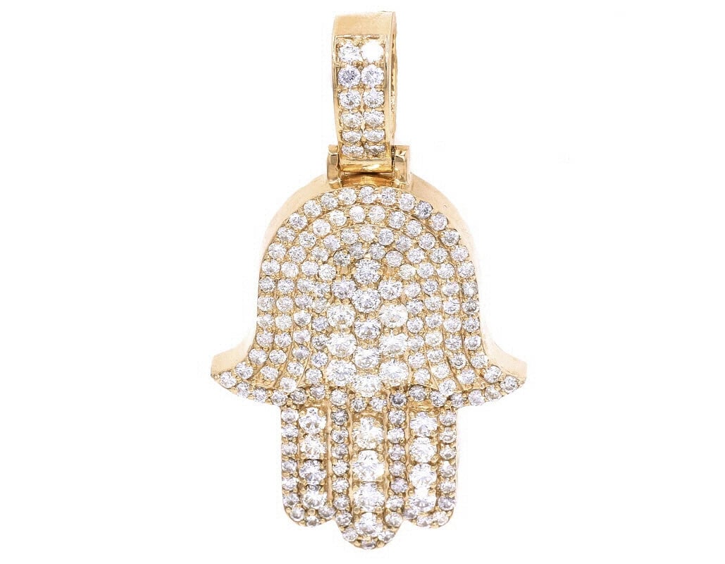 MEN'S LADIES REAL HAMSA DIAMOND 3D PENDANT: Men's Ladies Real Hamsa Diamond 3D Pendant Brand: None Type: Necklace Material: Metal Yellow Gold Main Stone Natural Color: Yellow Gold Size: Dimension L 2" W 23mm H 7mm Accessories: None