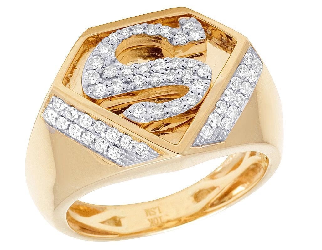 MENS 10K YELLOW GOLD GENUINE DIAMOND SUPERMAN LOGO SHIELD PINKY RING: Mens 10K Yellow Gold Genuine Diamond Superman Logo Shield Pinky Ring Brand: None Type: Ring Material: Metal Yellow Gold Main Stone Natural Color: Yellow Size: 10 US Accessories: None Acces