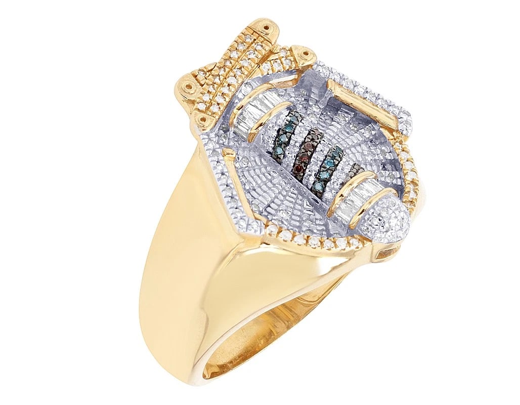 CROWN SHIELD DIAMOND BAGUETTE RING: Crown Shield Diamond Baguette Ring Brand: None Type: Ring Material: Metal Yellow Gold Main Stone Natural Color: Yellow Size: 10 US Accessories: None Accessories Notice: When purchasing pre