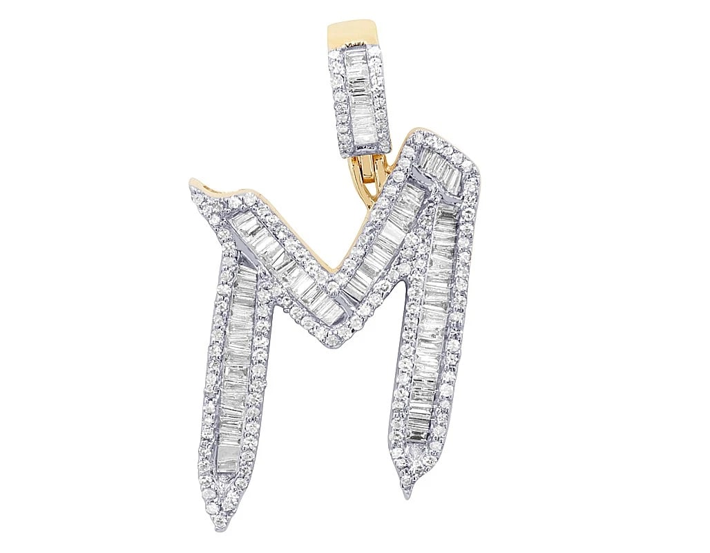 10K YELLOW GOLD DIAMOND BAGUETTE INITIAL "M" PENDANT: 10K Yellow Gold Diamond Baguette Initial "M" Pendant Brand: None Type: Pendant Material: Metal Yellow Gold Main Stone Natural Color: Yellow Gold Size: Dimension L 1.32", W 18.5 MM Accessories: No