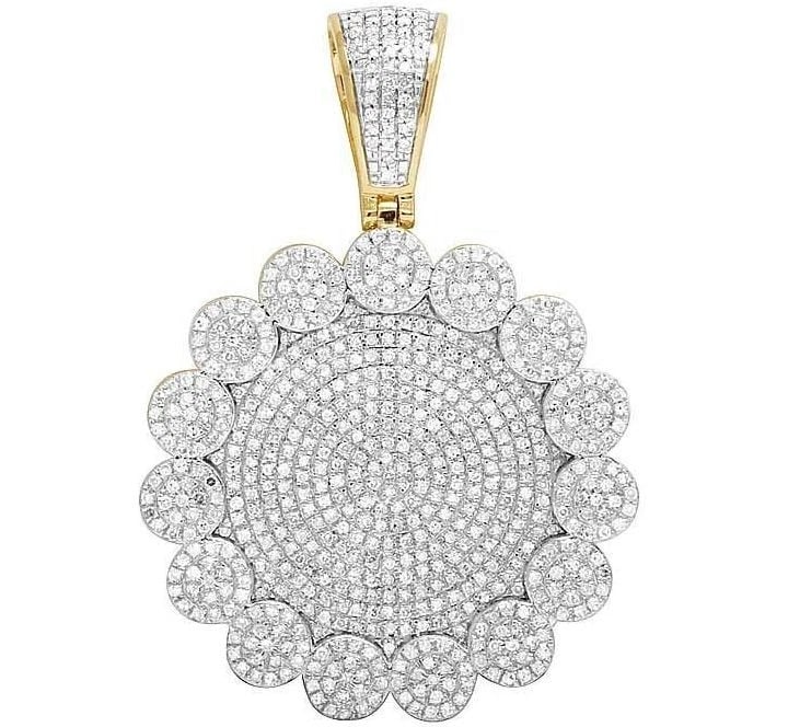 MEN'S 10K YELLOW GOLD GENUINE DIAMOND ICED CLUSTER MEDALLION PENDANT: Men's 10K Yellow Gold Genuine Diamond Iced Cluster Medallion Pendant Brand: None Type: Pendant Material: Metal Yellow Gold Main Stone Natural Color: Yellow Gold Size: Dimension 2 Accessories: Non