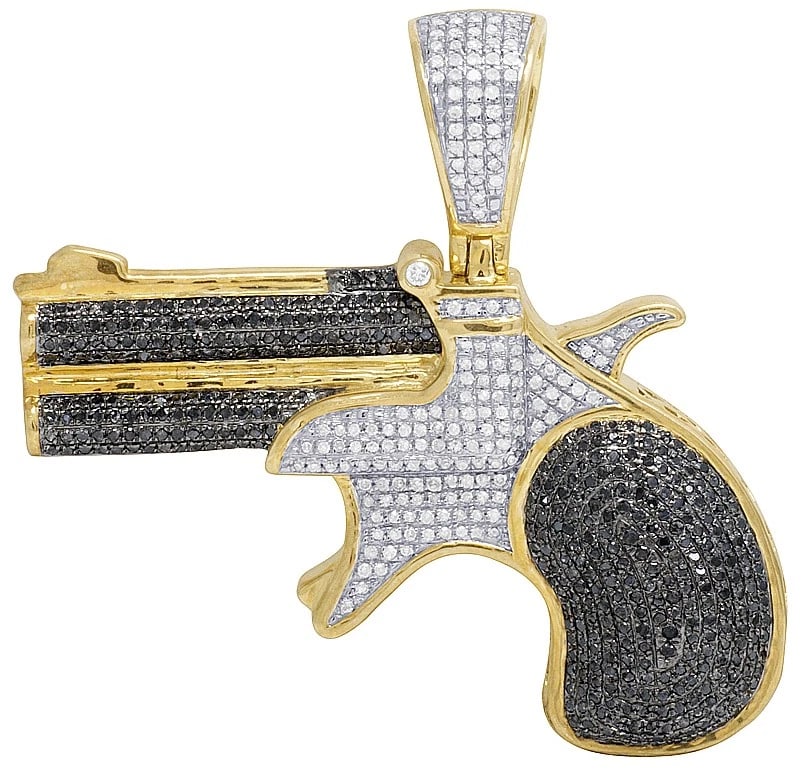 MENS 10K YELLOW GOLD TREATED BLACK REAL DIAMOND GUN PENDANT: Mens 10K Yellow Gold Treated Black Real Diamond Gun Pendant Brand: None Type: Necklace Material: Metal Yellow Gold Main Stone Natural Color: Yellow Gold Size: Dimension 2 inch x 2 inch Accessorie