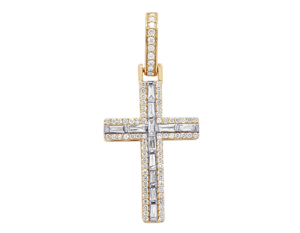 ROW BAGUETTE REAL DIAMOND CROSS PENDANT: Row Baguette Real Diamond Cross Pendant Brand: None Type: Pendant Material: Metal Multi-Tone Gold Main Stone Natural Color: Multi-Tone Size: Dimension L 1.4" , W 0.6" , H 0.1" Accessories: None