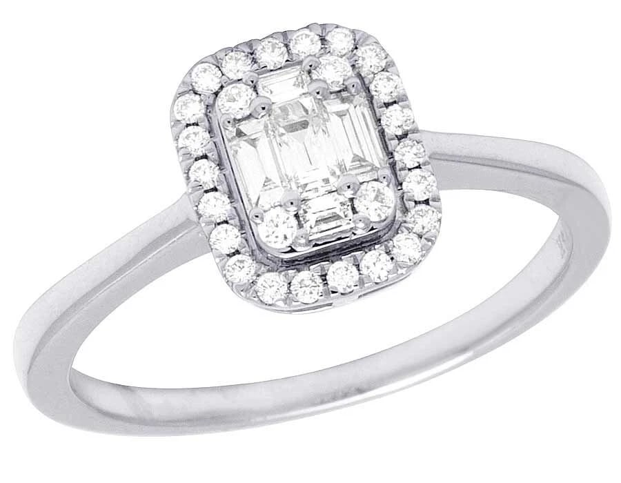 14K WHITE GOLD REAL DIAMOND BAGUETTE SOLITAIRE HALO ENGAGEMENT RING (1 of 4)