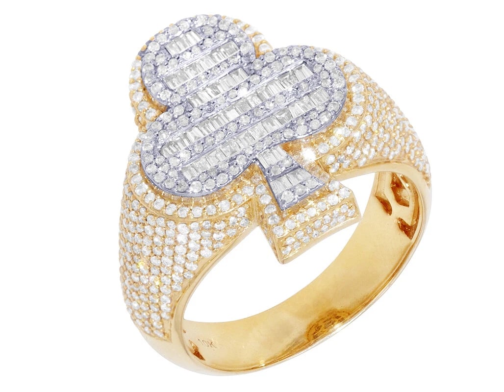 CLOVER SHAPED BAGUETTE 2CT REAL DIAMOND PINKY RING: Clover Shaped Baguette 2CT Real Diamond Pinky Ring Brand: None Type: Ring Material: Metal Yellow-White Main Stone Natural Color: None Size: 10 US Accessories: None Accessories Notice: When