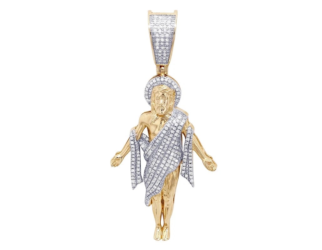 MEN'S JESUS THE REDEEMER DIAMOND PENDANT: Men's Jesus The Redeemer Diamond Pendant Brand: None Type: Pendant Material: Metal 10K Yellow/White Gold Main Stone Natural Color: Yellow-White Gold Size: Dimension L 2" x W 1" x H 5mm Accessorie