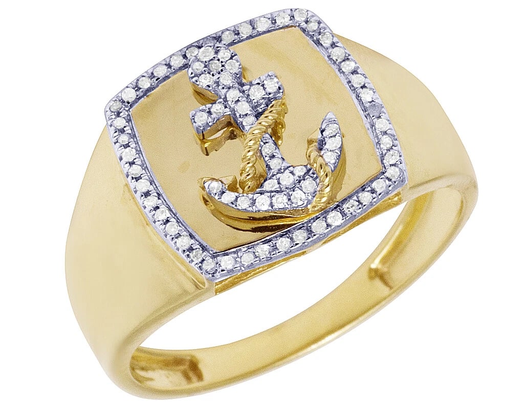 10K YELLOW GOLD DIAMOND ANCHOR RING: 10K Yellow Gold Diamond Anchor Ring Brand: None Type: Ring Material: Metal Yellow Gold Main Stone Natural Color: Yellow Size: 10 US Accessories: None Accessories Notice: When purchasing pr