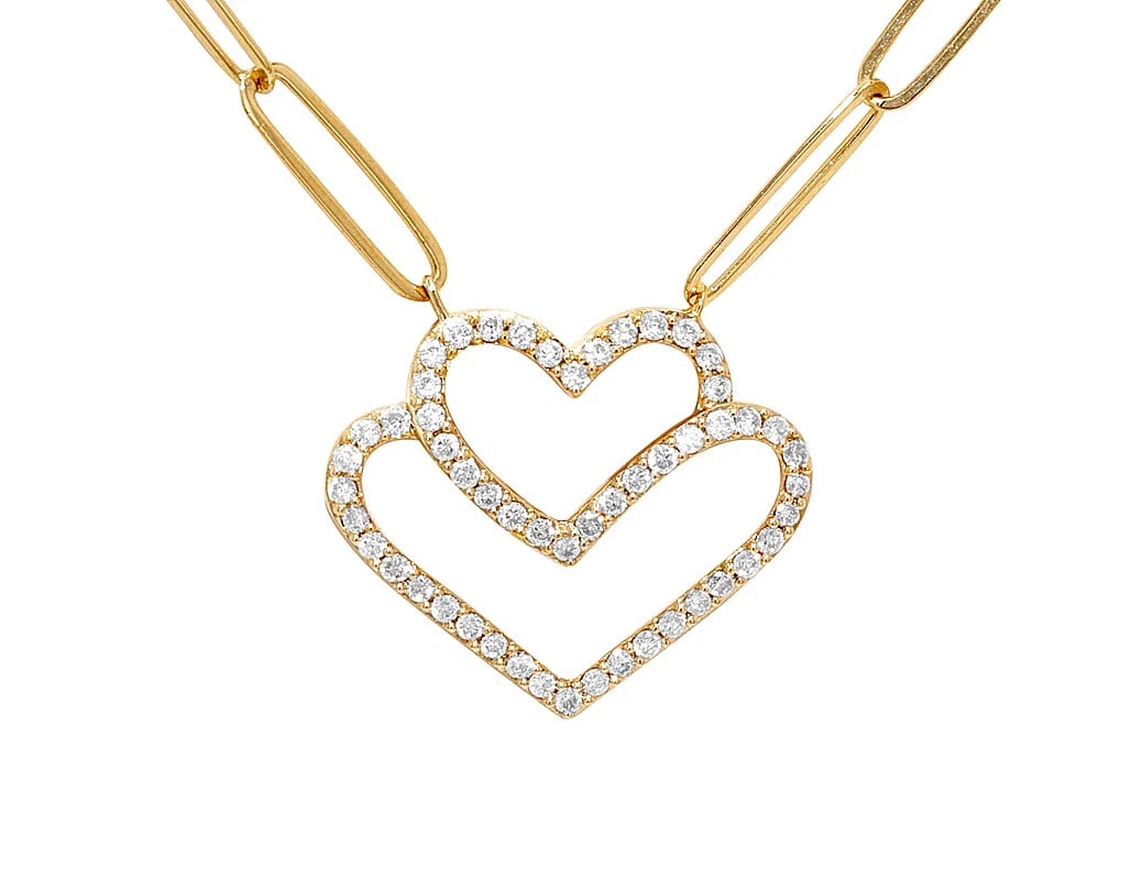 DOUBLE HEARTS REAL DIAMOND PENDANT WITH PAPERCLIP CHAIN: Double Hearts Real Diamond Pendant with Paperclip Chain Brand: None Type: Necklace Material: Metal Yellow-gold Main Stone Natural Color: Yellow-gold Size: Width W 0.65" , L 0.55" mm 