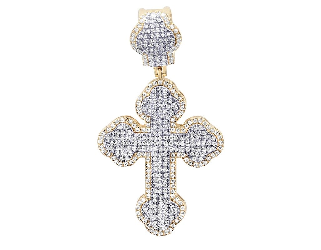 3 ROW DOUBLE LAYER DIAMOND CROSS PENDANT: 3 Row Double Layer Diamond Cross Pendant Brand: None Type: Pendant Material: Metal Yellow Gold Main Stone Natural Color: Yellow Gold Size: Dimension L 1.42 W , 19.6MM Accessories: None