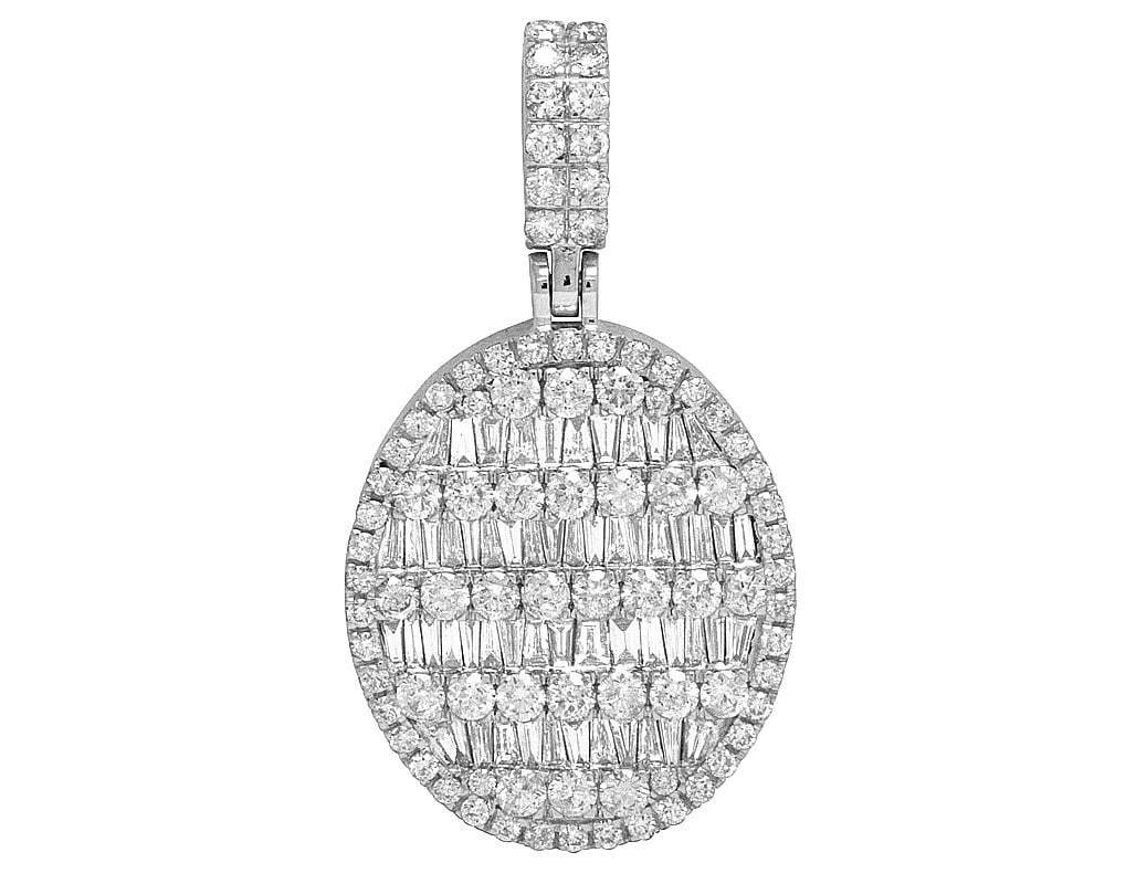 10K WHITE GOLD REAL VS DIAMOND OVAL BAGUETTE PENDANT: 10K White Gold Real VS Diamond Oval Baguette Pendant Brand: None Type: Pendant Material: Metal White Gold Main Stone Natural Color: White Gold Size: Dimension 1.5" Accessories: None Access