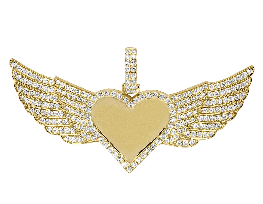 10K YELLOW GOLD 3 DIAMOND HEART PHOTO ENGRAVE WING MEMORY PENDANT (1 of 2)