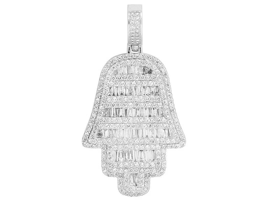 14K WHITE GOLD BAGUETTE REAL DIAMOND HAMSA HAND PENDANT: 14K White Gold Baguette Real Diamond Hamsa Hand Pendant Brand: None Type: Necklace Material: Metal White Gold Main Stone Natural Color: White Gold Size: Dimension 2.25" Accessories: None A