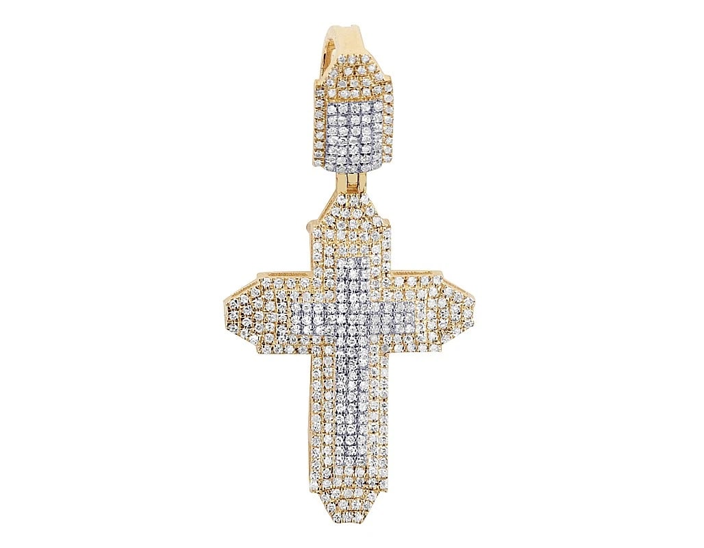 DIAMOND DOUBLE LAYER CROSS PENDANT: Diamond Double Layer Cross Pendant Brand: None Type: Pendant Material: Metal Yellow-White Gold Main Stone Natural Color: Yellow Gold Size: Dimension L 1.5" , W 19.2 MM Accessories: None Ac