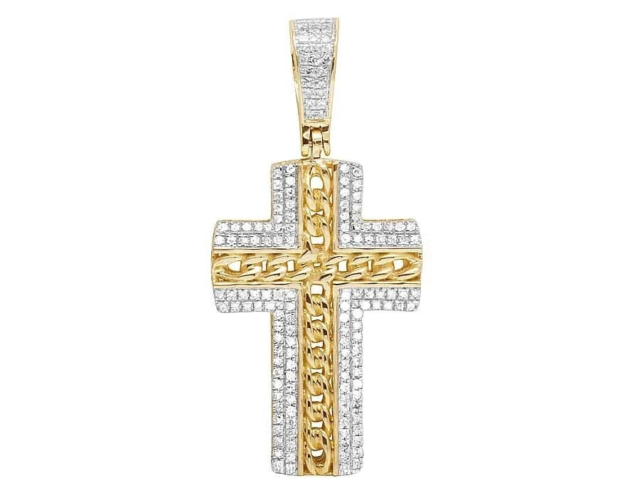 MEN'S 10K YELLOW GOLD GENUINE DIAMOND CUBAN LINK CROSS PENDANT CHARM: Men's 10K Yellow Gold Genuine Diamond Cuban Link Cross Pendant Charm Brand: None Type: Necklace Material: Metal Yellow Gold Main Stone Natural Color: Yellow Gold Size: Dimension1.5" Accessories:
