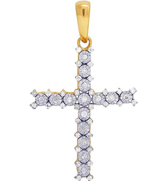 LADIES MENS 10K YELLOW GOLD REAL DIAMOND FANOOK PRONG CROSS PENDANT (1 of 4)