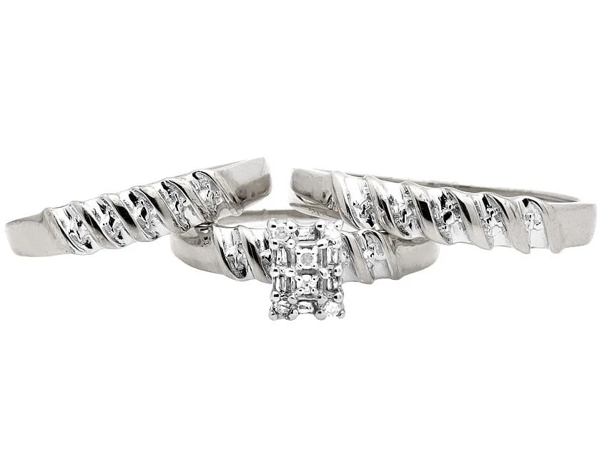 10K WHITE GOLD MIRACLE SET DIAGONAL DIAMOND BRIDAL TRIO WEDDING RING (1 of 3)